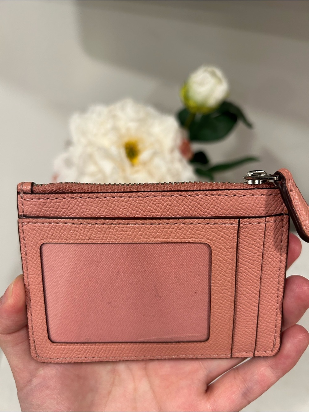 Coach Zip Card Case Pink Crossgrain Leather ID Wallet Key Ring - Picture 3 of 4